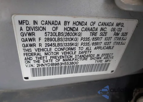 2003 Acura Mdx from USA, damaged, VIN 2HNYD18983H553800